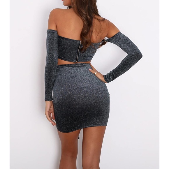 Grey Silver Glitter Drawstring Two Piece Skirt Set - Picture 2 of 5